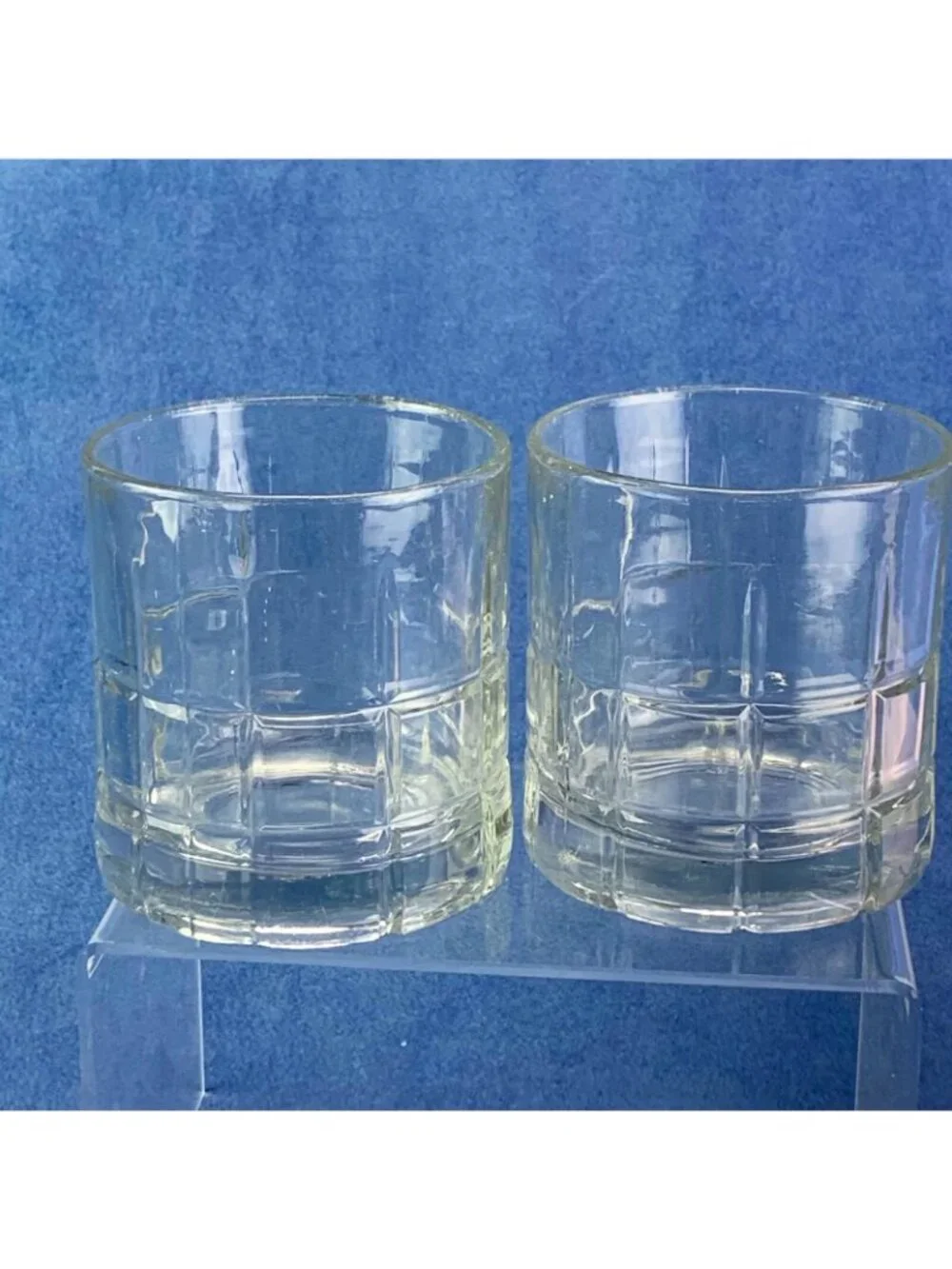Anchor Hocking Clear MANCHESTER TARTAN Old Fashion Lowball Rock Glasses Set 2